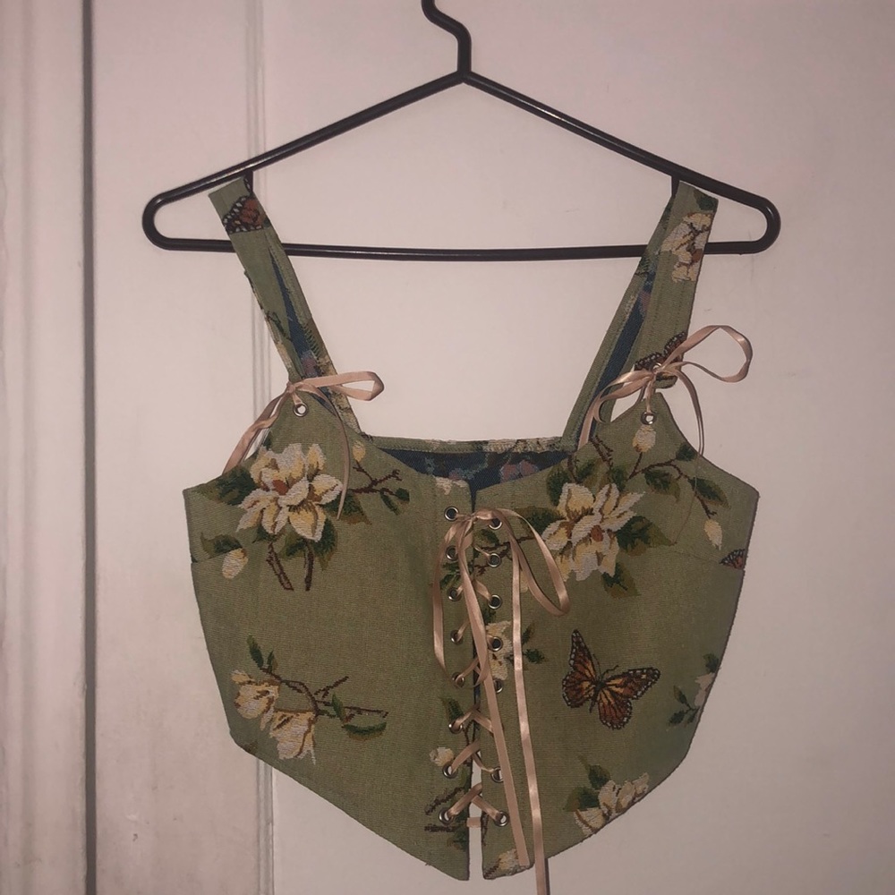 COPY - CIDER Sage Green Corsette Top with Creme Gold Ribbons